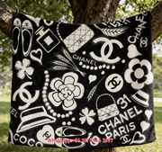 Luxury Black & White Chanel Icon Monogram Flannel Sofa Throw Blanket IMG_6981